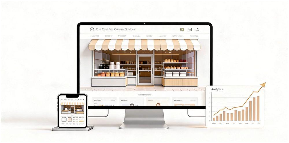 Online store displayed on desktop, smartphone, and a chart showing business growth.