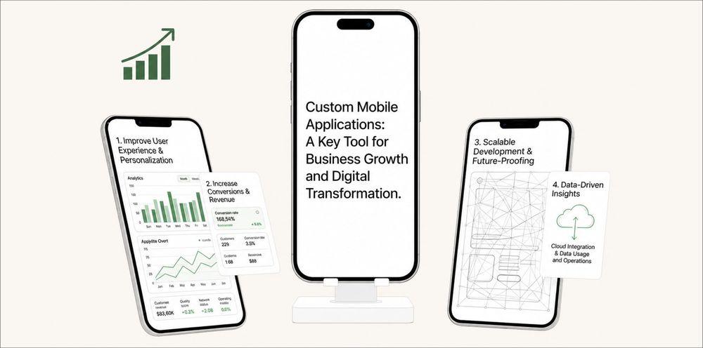 Three smartphones displaying mobile app features for business growth, personalization, and scalable development.